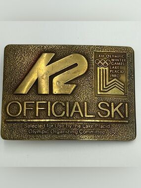 K2 Ski Brass Belt Buckle Lake Placid 1980 Olympic 2.5"x 3" Official Sponsor VTG